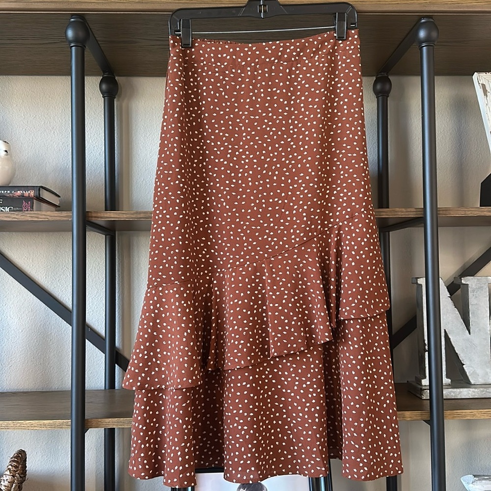 Very J Rust Brown Polka Dot Ruffled Maxi Skirt - Picture 2 of 11